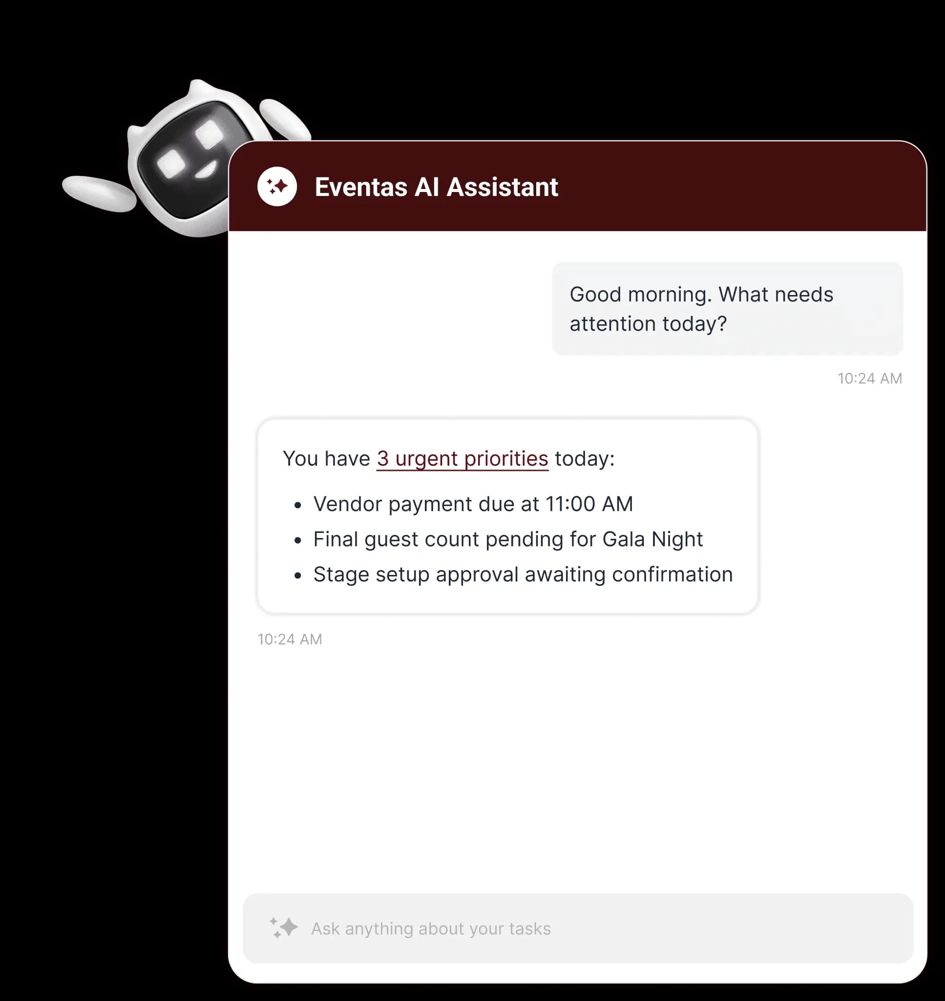 Copilot AI assistant screenshot showing an event briefing conversation with urgent priorities listed