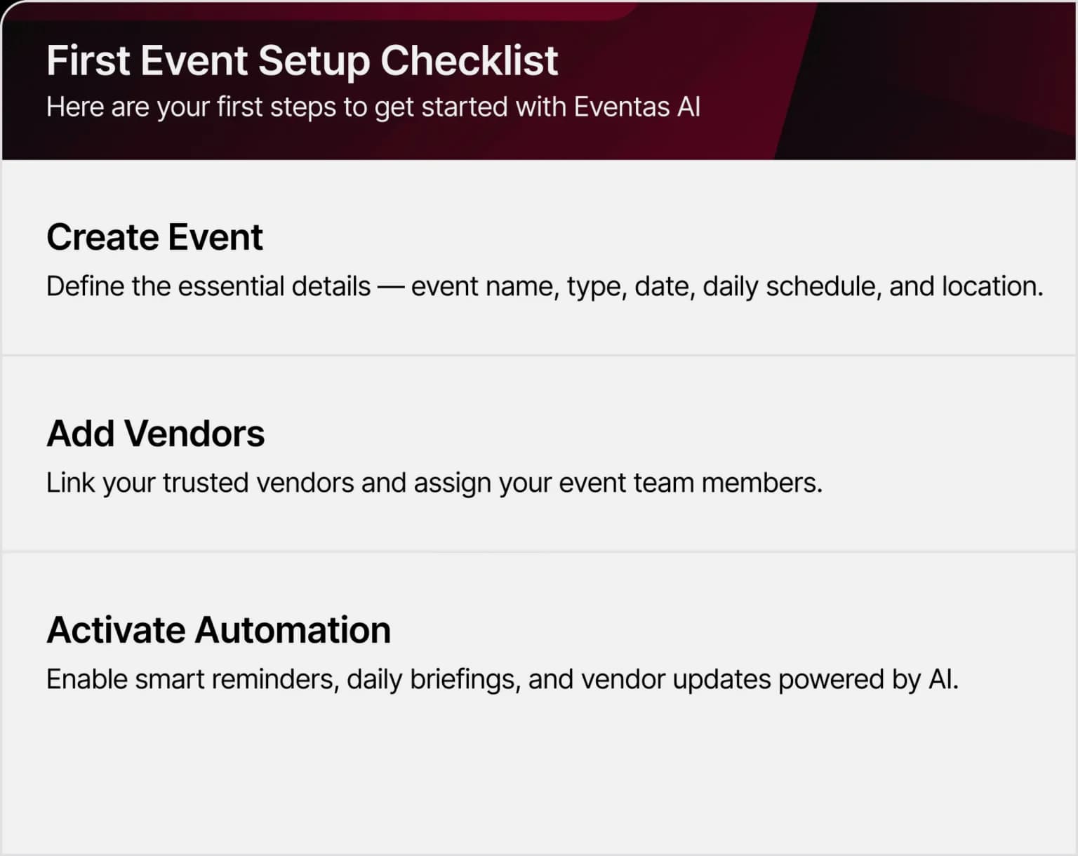 First Event Setup Checklist showing three steps: Create Event, Add Vendors, and Activate Automation