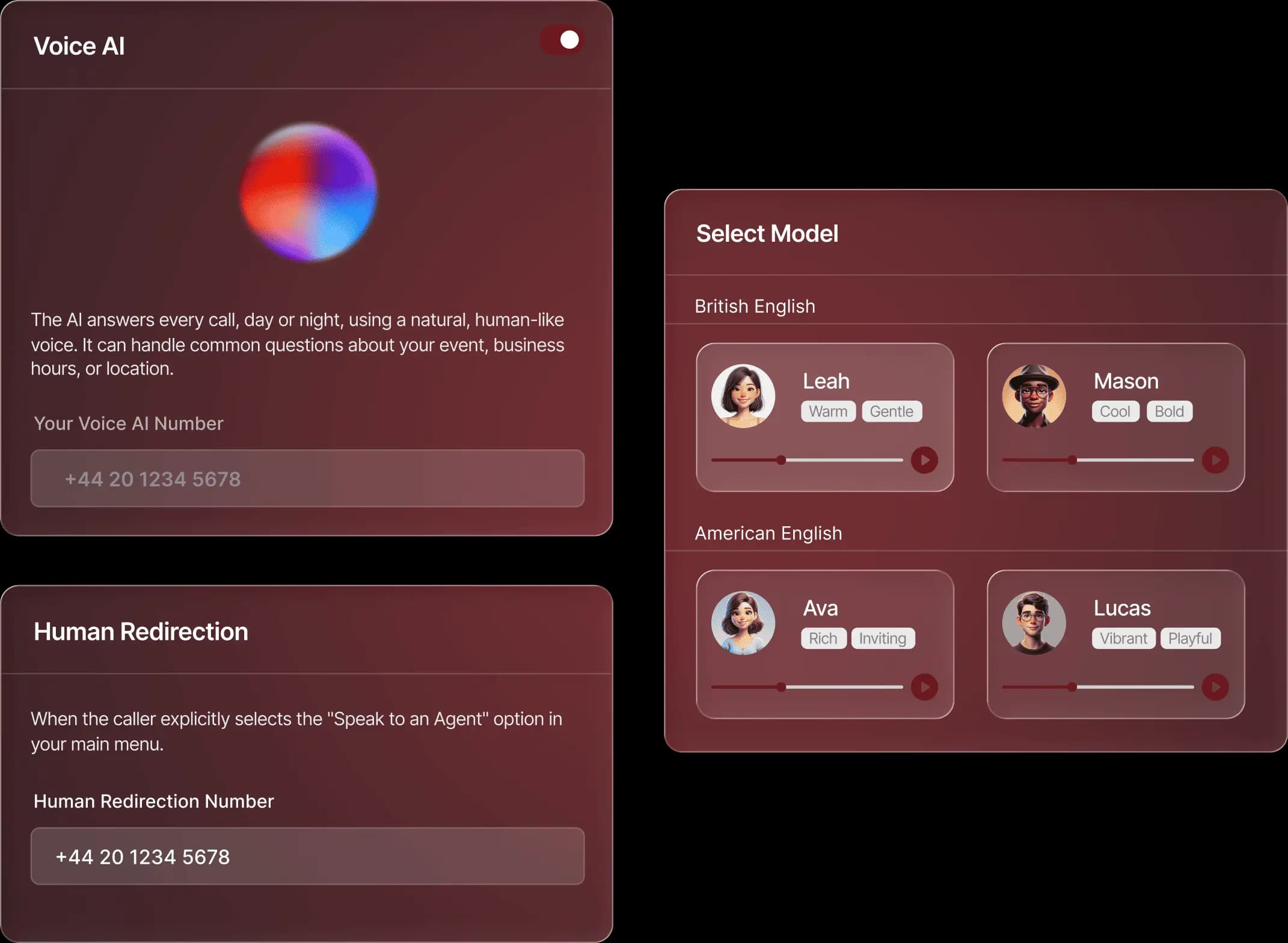 Voice AI platform screenshot showing voice agent configuration, model selection, and human redirection settings