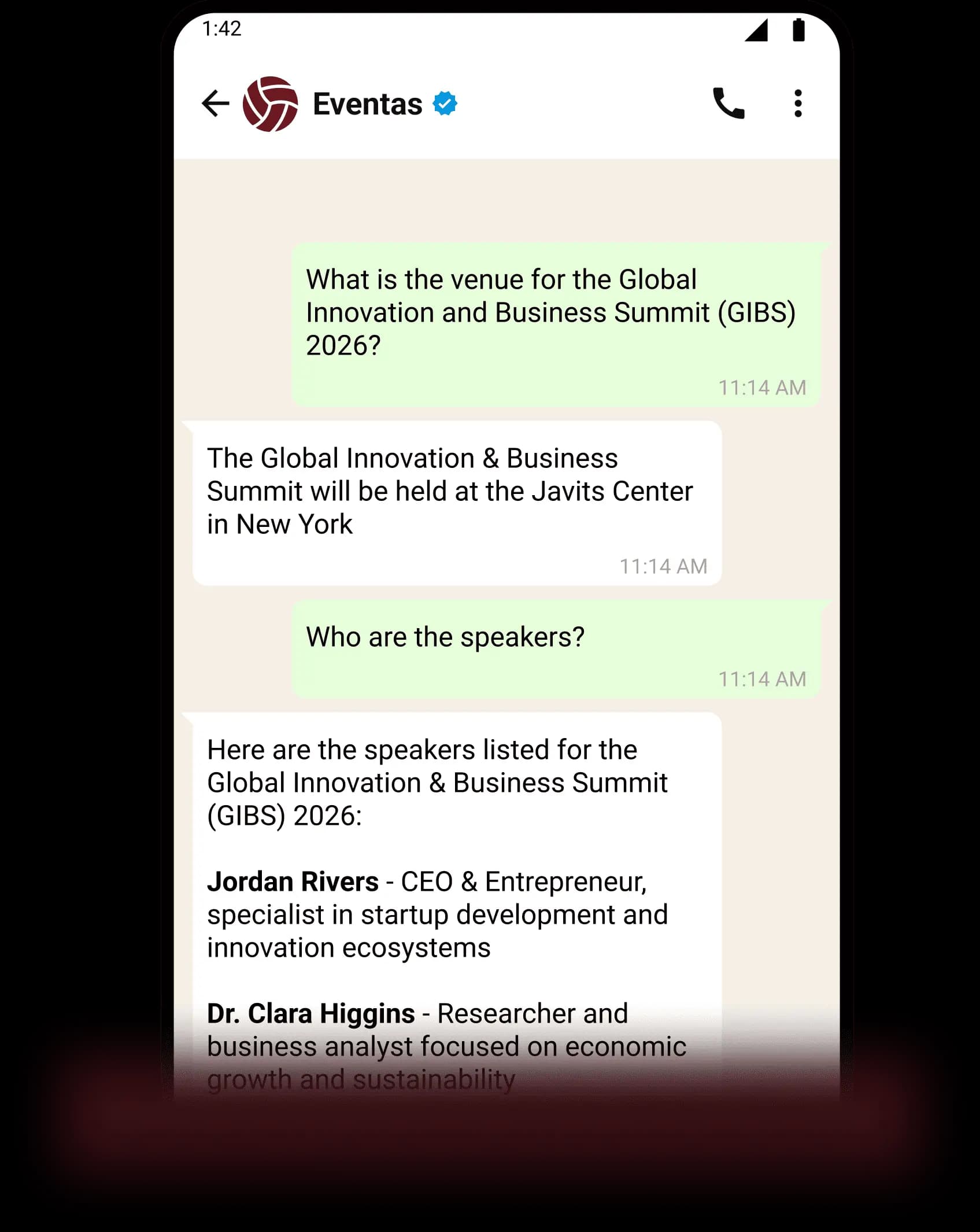 WhatsApp AI platform screenshot showing a real conversation between an attendee and the Eventas AI agent