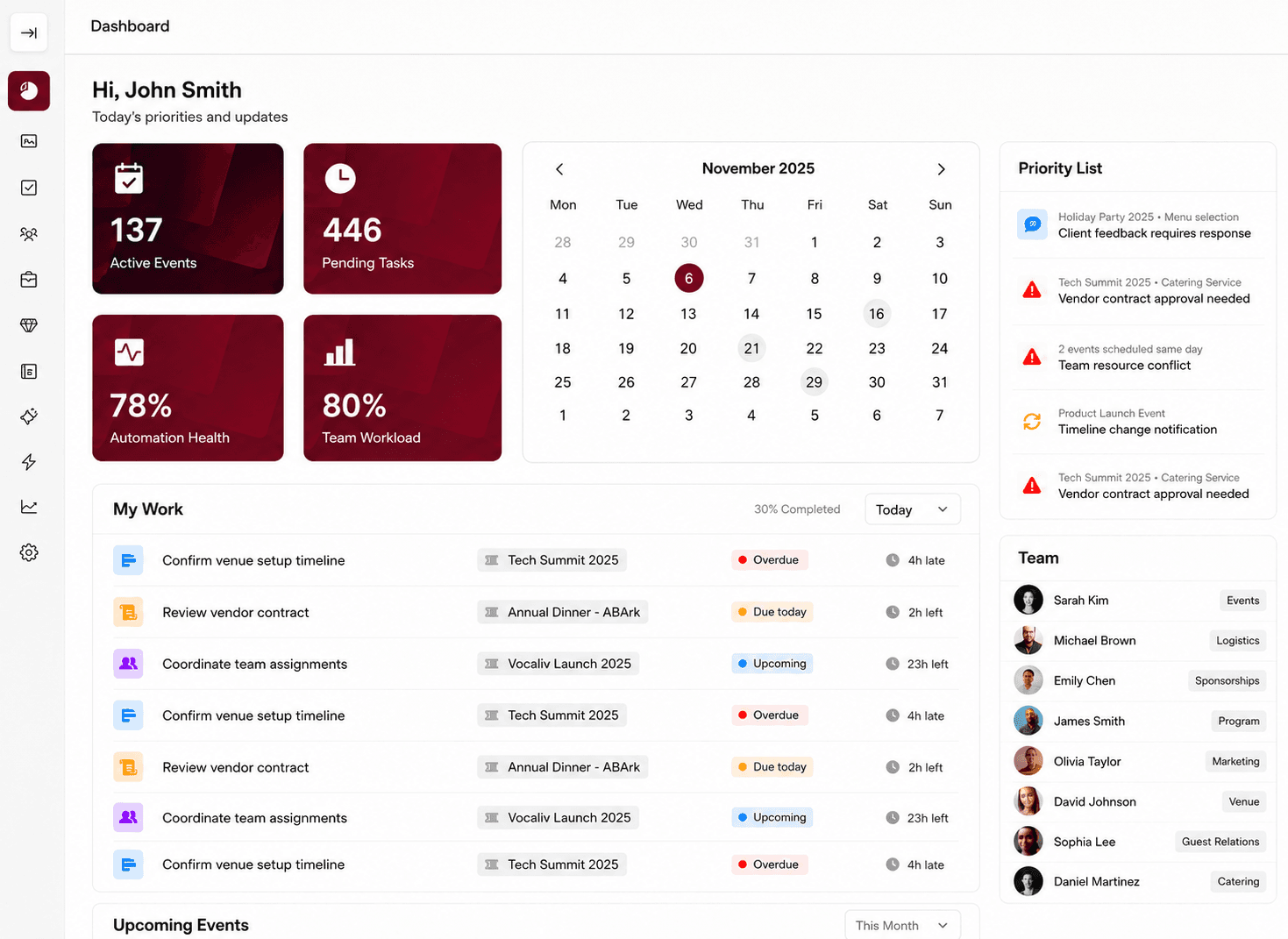 Eventas platform dashboard showing active events, team workload, calendar, and task management
